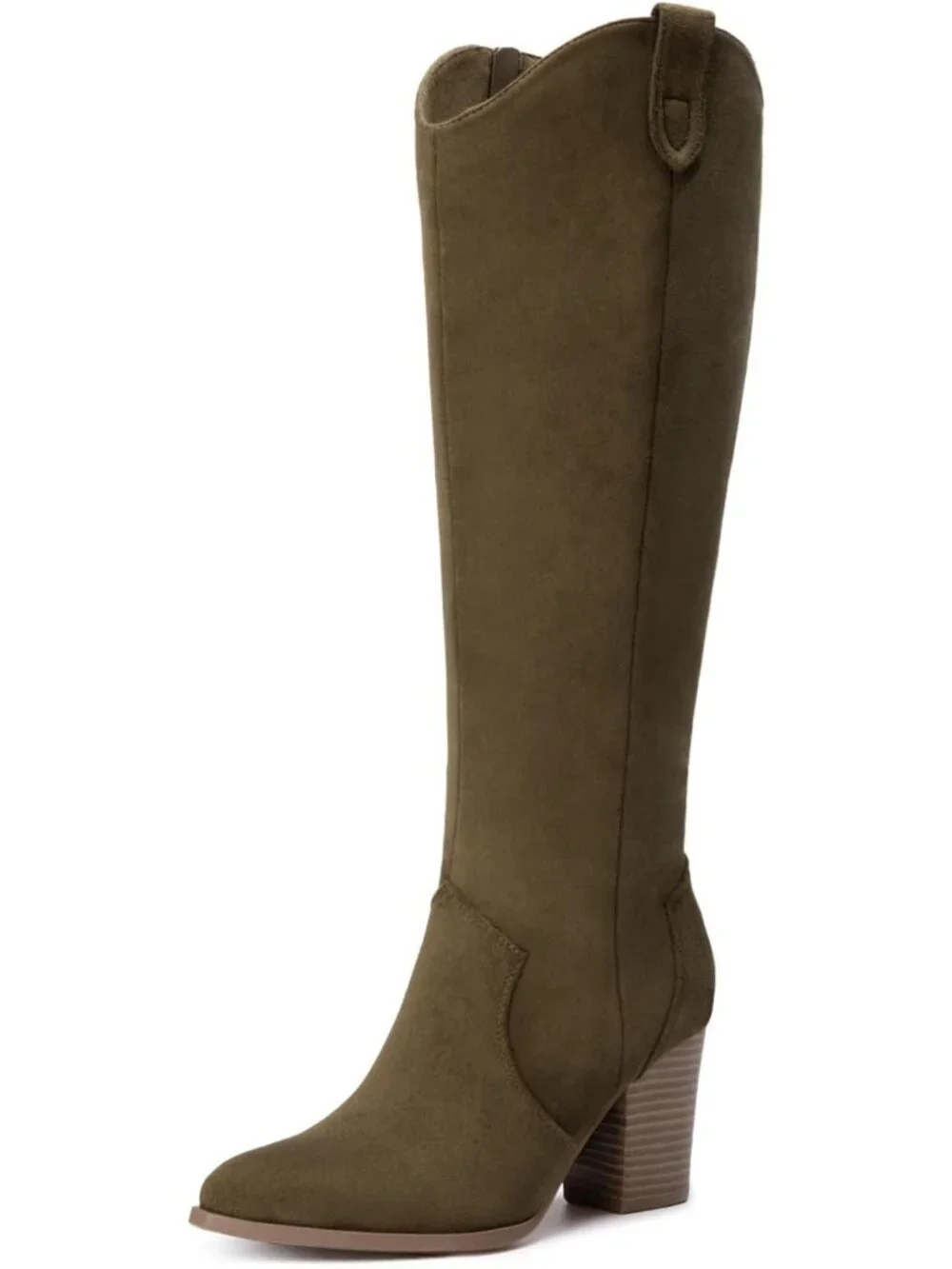 Women Olive Green Suede Chunky Heel Suede Pointed Toe Side Zipper Knee High Boot